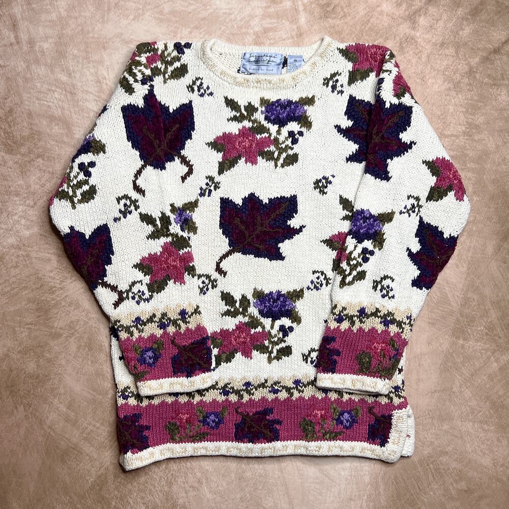 Vintage 90s Signatures by Northern Isles Floral Leaf Foliage Hand Knit Sweater